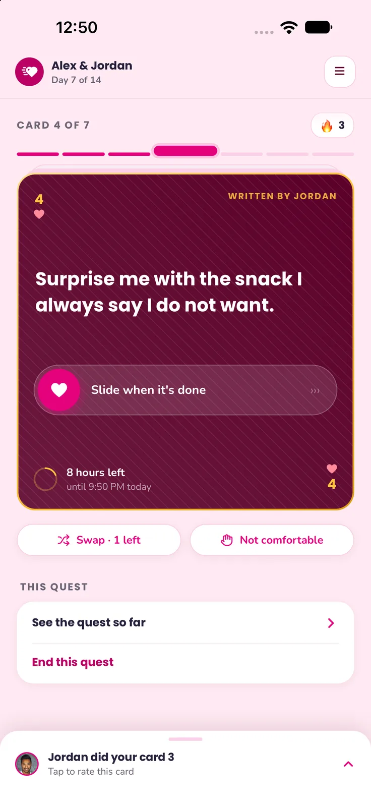 The live card on the home screen, with a slide-to-complete control