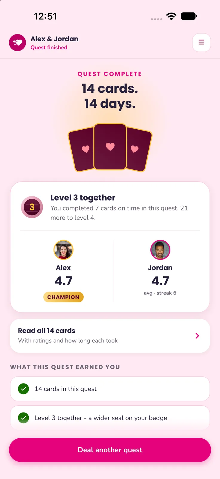 The end-of-quest scoreboard with a champion badge