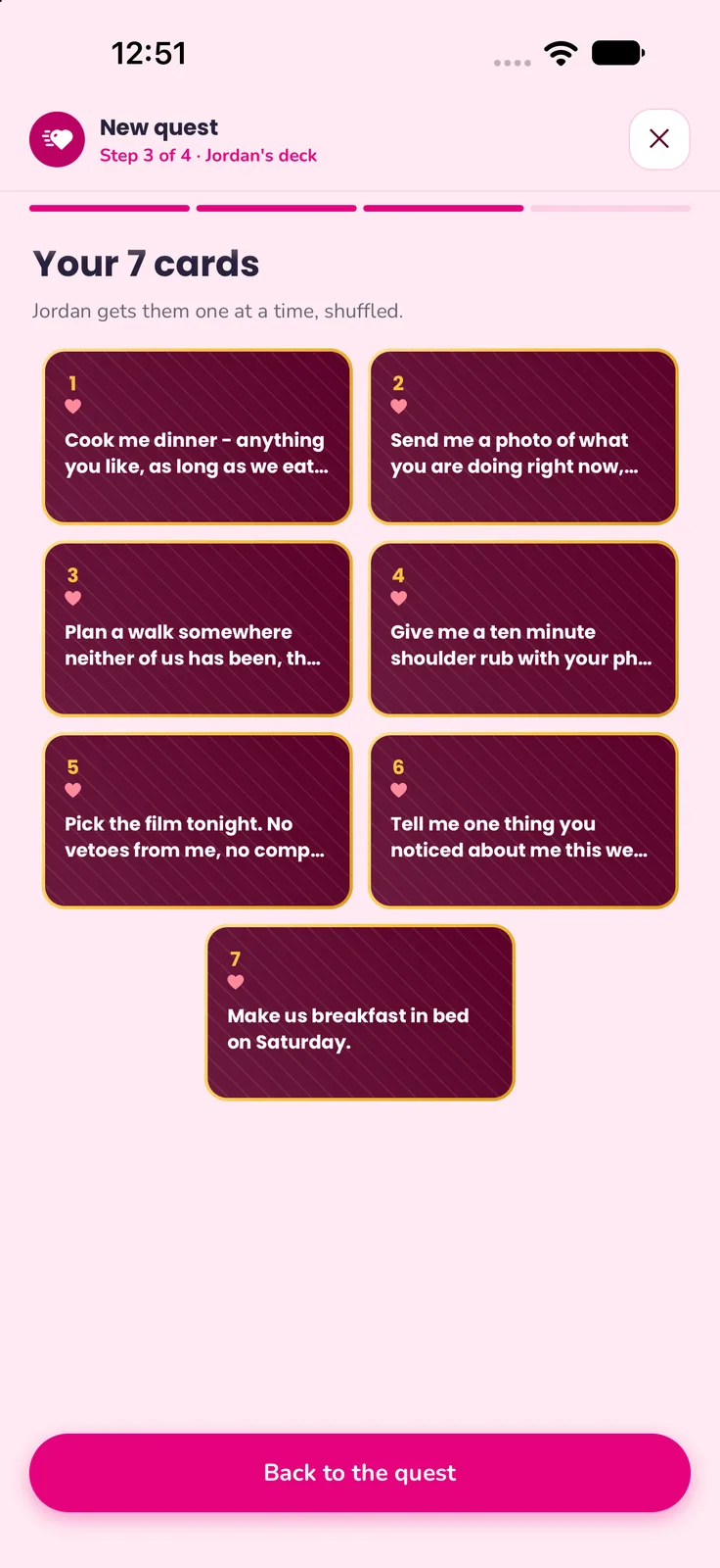 Writing a deck of seven cards for your partner